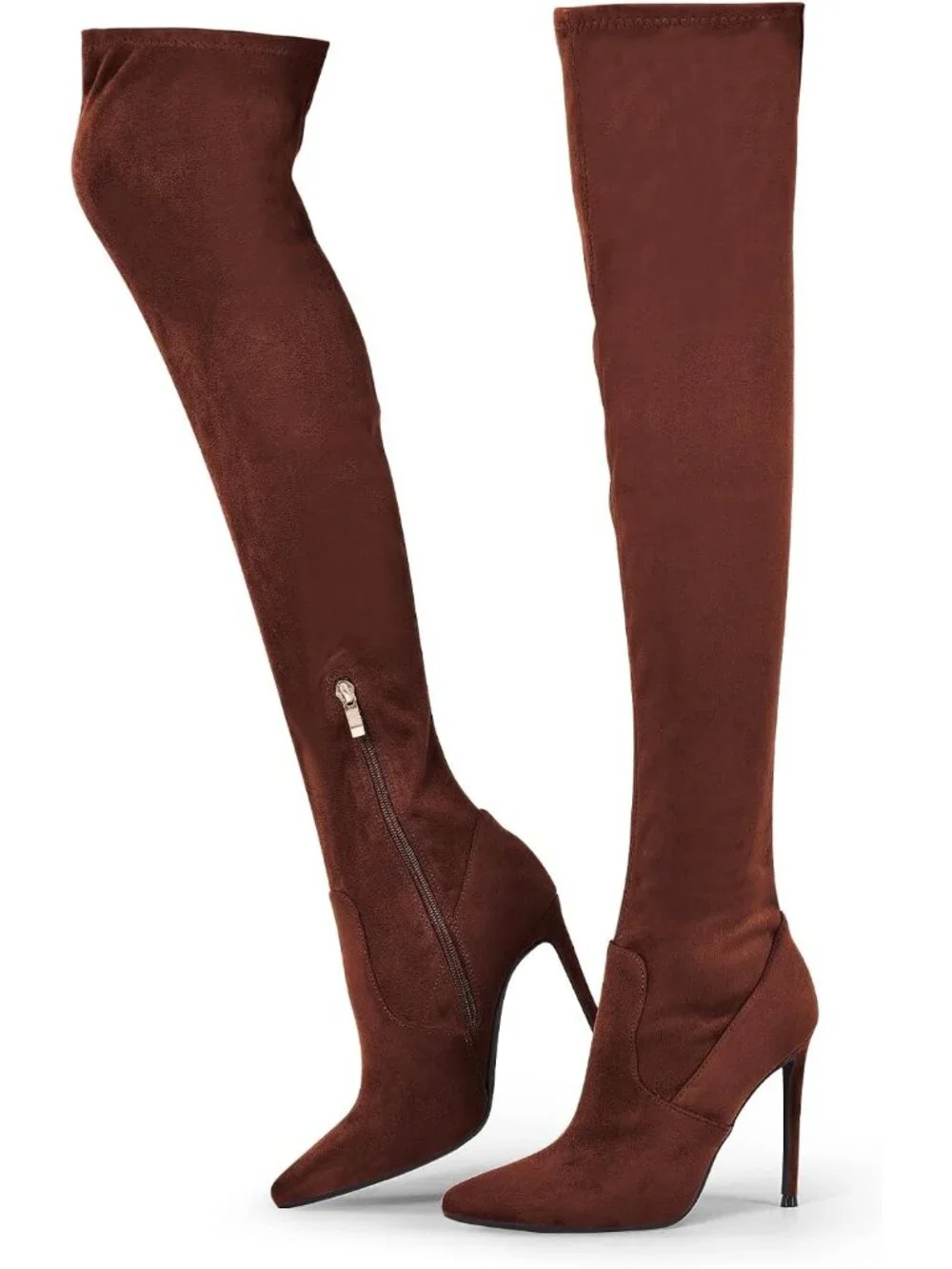Women's Brown Suede Pointed Toe Suede Stiletto Heel Stretch Over The Knee Boots